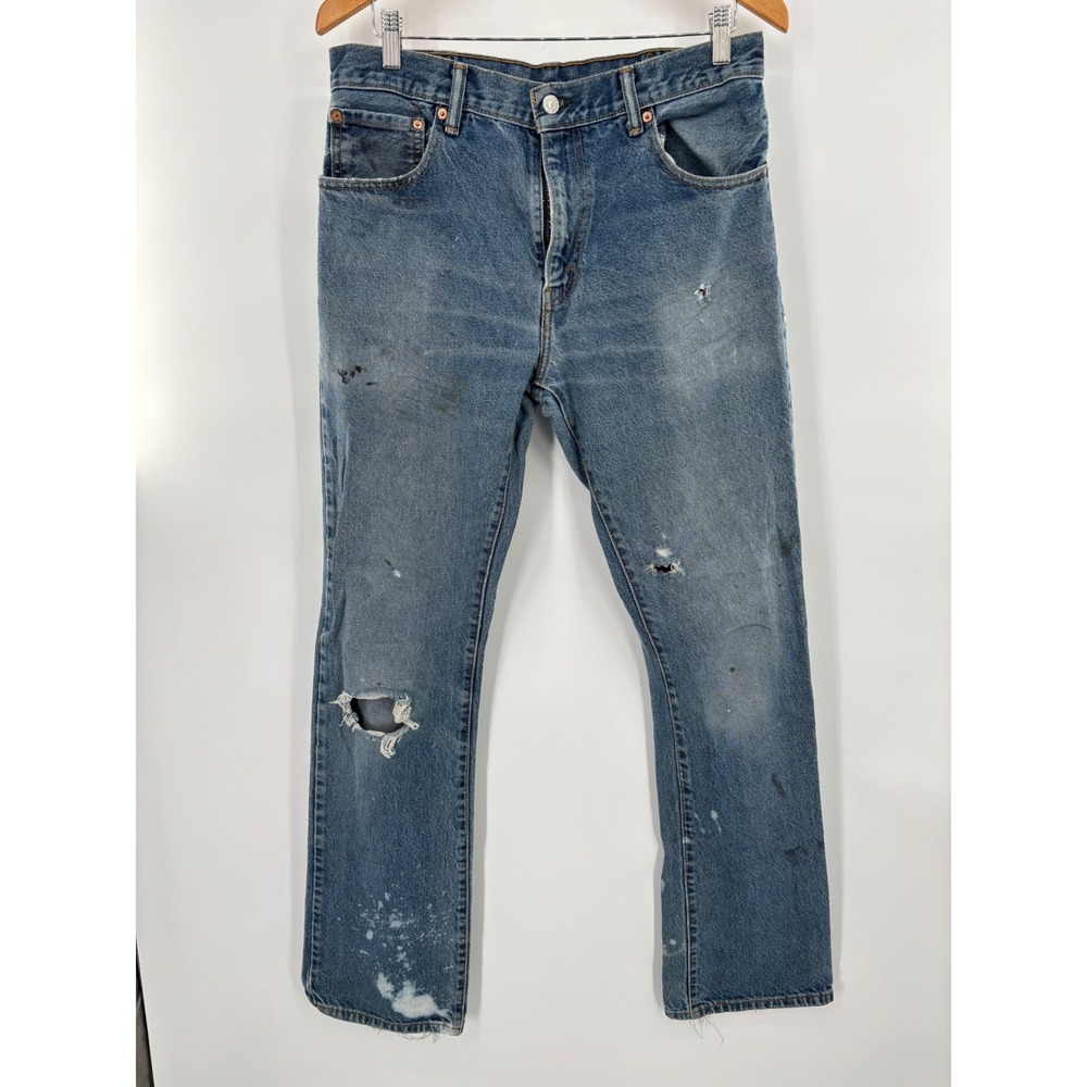Levis 517 Bootcut Jeans Mens 33x36 Blue Distressed Paint Splatter Workwear Denim